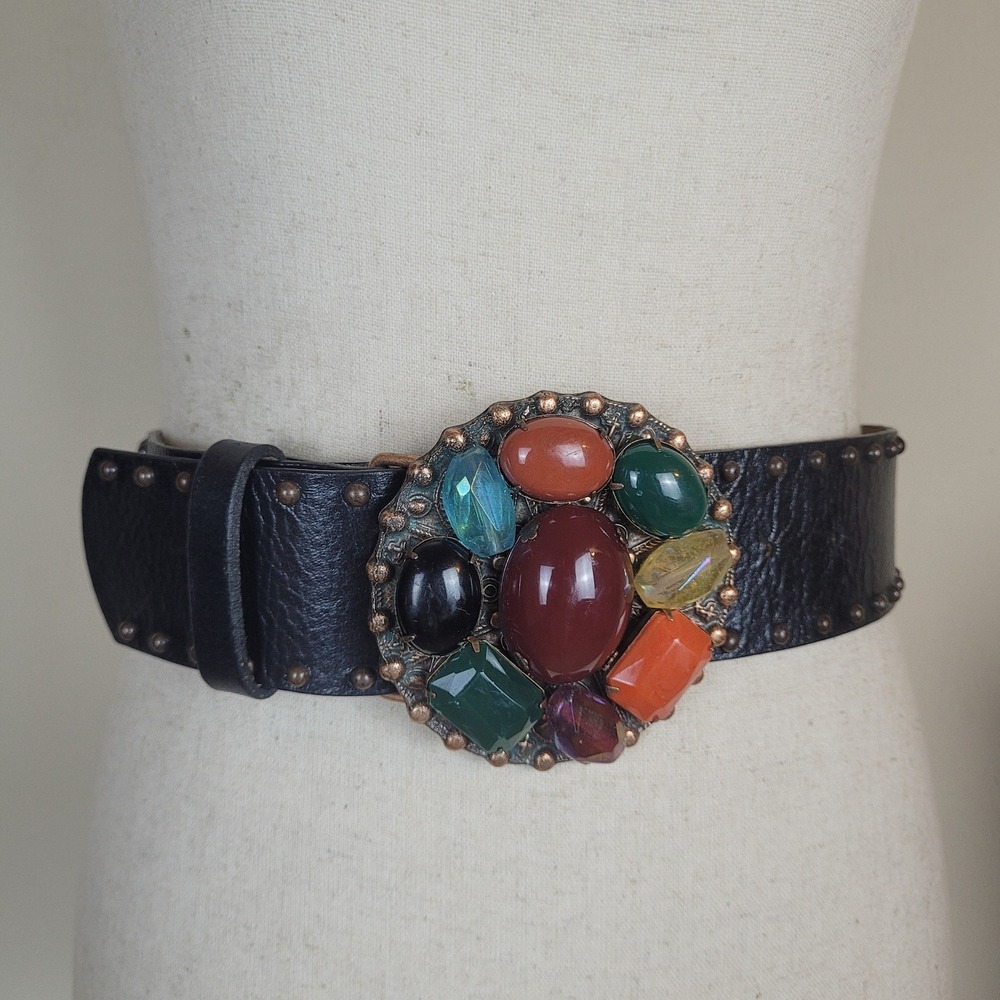 Leatherock Belt Med Black Leather Stone Buckle Colorful Ornate Statement Western
